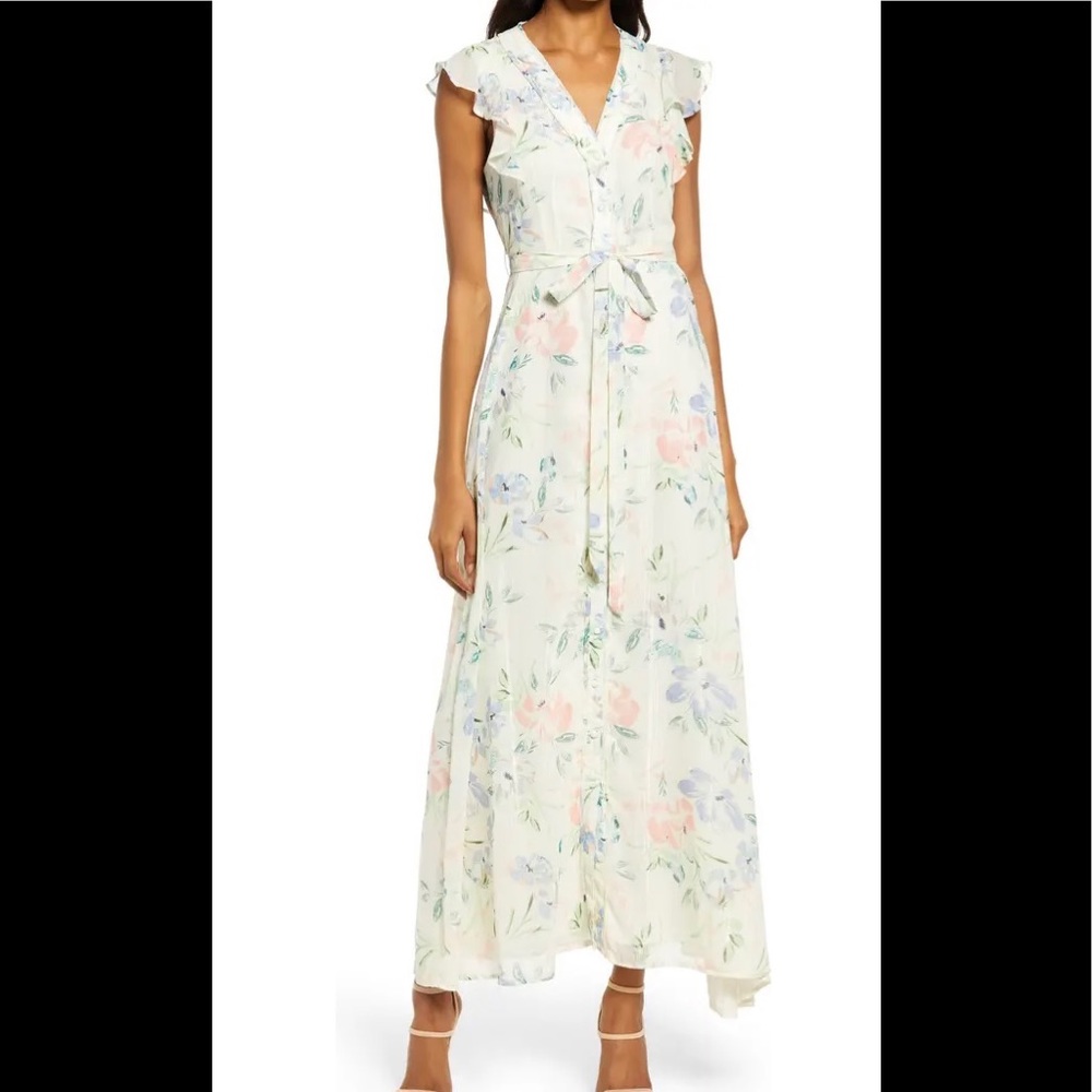 XS Chelsea28 Ruffled Tie Waist Dress in Ivory Watercolor Floral